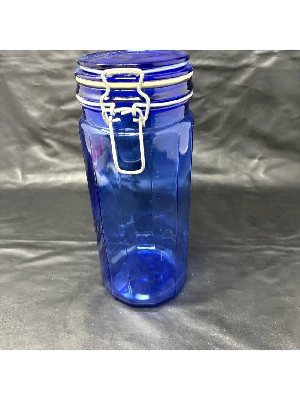 Cobalt Blue Jar Glass Storage Holder With Attached Wire Locking Lid 10” Tall